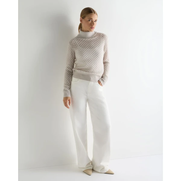 N.Peal Fairisle Cashmere Roll Neck Cashmere Jumper With Lurex in Snow Grey