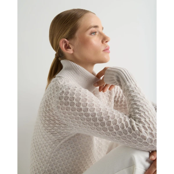 N.Peal Fairisle Cashmere Roll Neck Cashmere Jumper With Lurex in Snow Grey