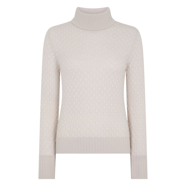 N.Peal Fairisle Cashmere Roll Neck Cashmere Jumper With Lurex in Snow Grey | Turtlenecks | Luxury Shoes 