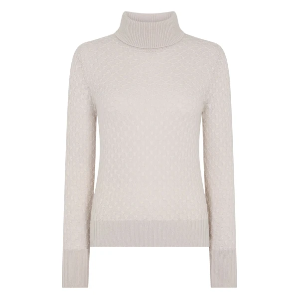 N.Peal Fairisle Cashmere Roll Neck Cashmere Jumper With Lurex in Snow Grey | Turtlenecks | Luxury Shoes 