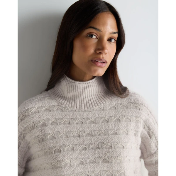 N.Peal Fairisle Funnel Neck Cashmere Jumper With Lurex in Snow Grey
