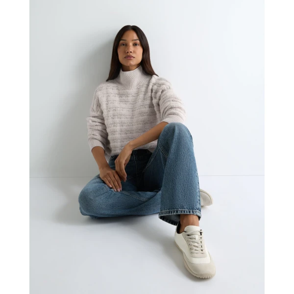 N.Peal Fairisle Funnel Neck Cashmere Jumper With Lurex in Snow Grey