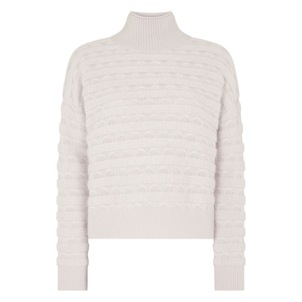 N.Peal Fairisle Funnel Neck Cashmere Jumper With Lurex in Snow Grey | Turtlenecks | Luxury Shoes 