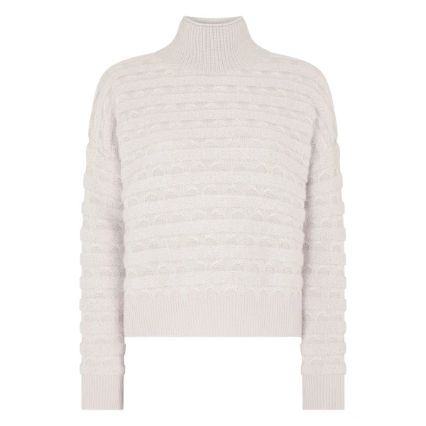 N.Peal Fairisle Funnel Neck Cashmere Jumper With Lurex in Snow Grey | Turtlenecks | Luxury Shoes 