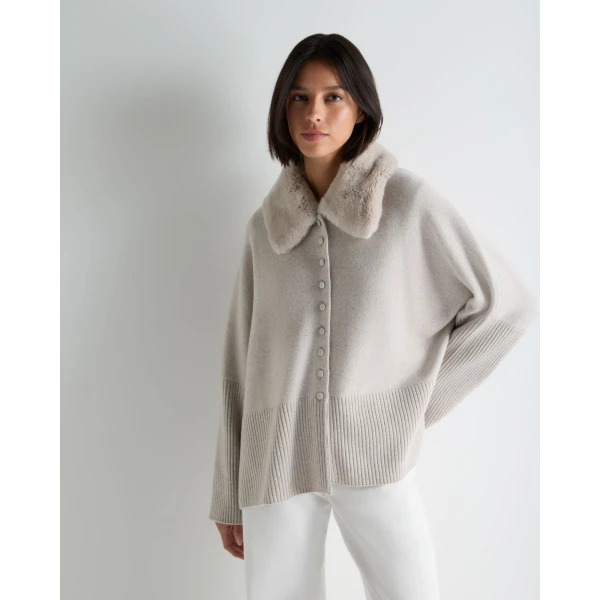 N.Peal Fur Collar Buttoned Cashmere Cape in Pebble Grey