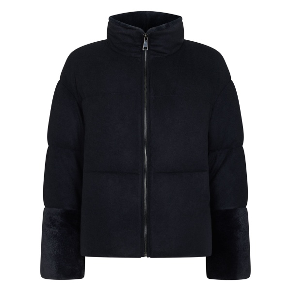 N.Peal Fur Cuff Padded Cashmere Jacket in Navy Blue | Jackets | Luxury Shoes 