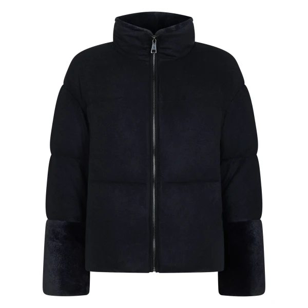 Fur Cuff Padded Cashmere Jacket in Navy Blue