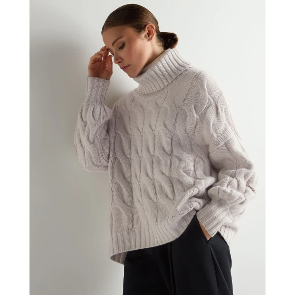 N.Peal Hana Chunky Cable Roll Neck Cashmere Jumper in Snow Grey