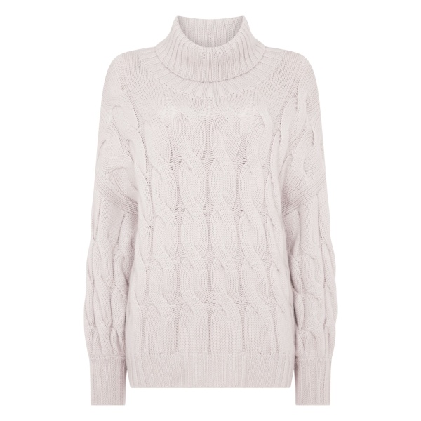 N.Peal Hana Chunky Cable Roll Neck Cashmere Jumper in Snow Grey | Turtlenecks | Luxury Shoes 