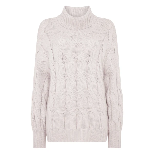 N.Peal Hana Chunky Cable Roll Neck Cashmere Jumper in Snow Grey | Turtlenecks | Luxury Shoes 