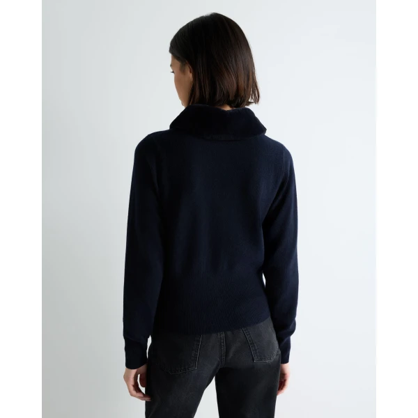 N.Peal Hannah Fur Collar Cashmere Cardigan in Navy Blue