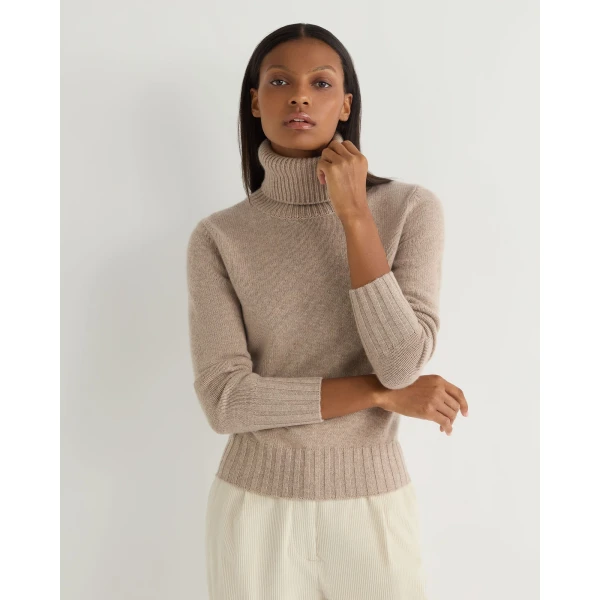 N.Peal Hazel Chunky Roll Neck Cashmere Jumper in Oatmeal Brown