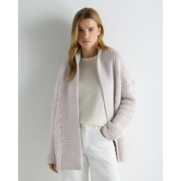N.Peal Heirloom Basketweave Cashmere Cardigan in Snow Grey