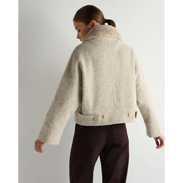 N.Peal Herringbone Jacket With Rex Fur Collar in Beige Brown