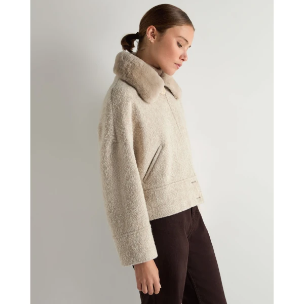 N.Peal Herringbone Jacket With Rex Fur Collar in Beige Brown