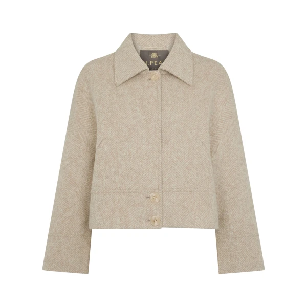 Herringbone Jacket With Rex Fur Collar in Beige Brown