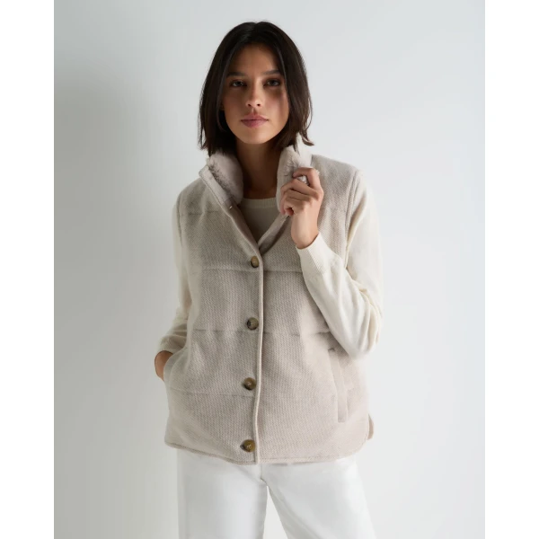 N.Peal Honeycomb Cashmere Gilet With Fur Trim in Pebble Grey
