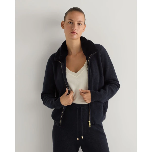 N.Peal Honeycomb Full Zip Cashmere Jumper With Fur Trim in Navy Blue