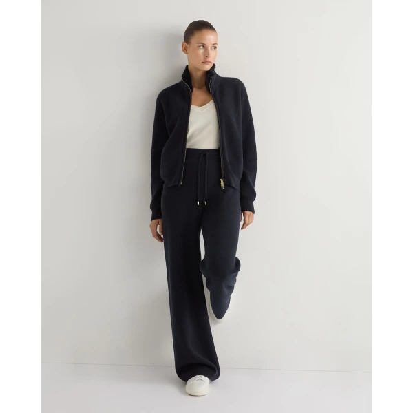 N.Peal Honeycomb Full Zip Cashmere Jumper With Fur Trim in Navy Blue