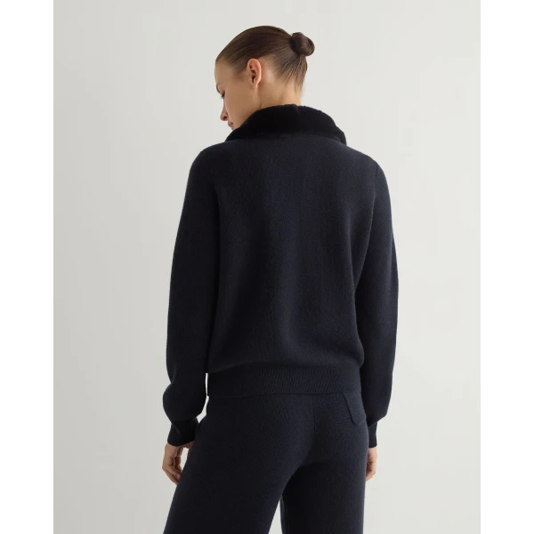 N.Peal Honeycomb Full Zip Cashmere Jumper With Fur Trim in Navy Blue