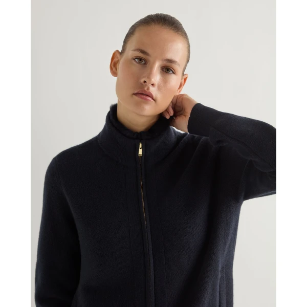 N.Peal Honeycomb Full Zip Cashmere Jumper With Fur Trim in Navy Blue