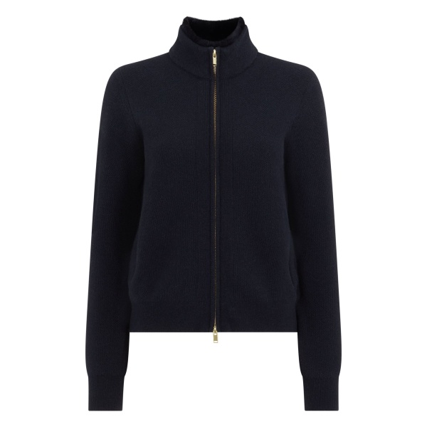 N.Peal Honeycomb Full Zip Cashmere Jumper With Fur Trim in Navy Blue | Sweaters | Luxury Shoes 