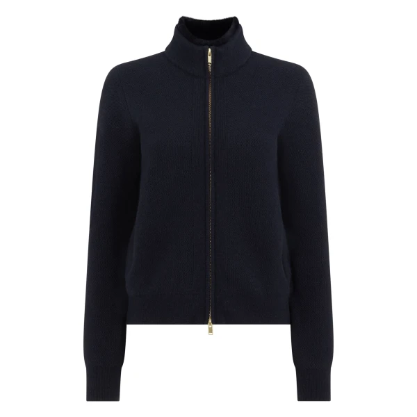 N.Peal Honeycomb Full Zip Cashmere Jumper With Fur Trim in Navy Blue | Sweaters | Luxury Shoes 