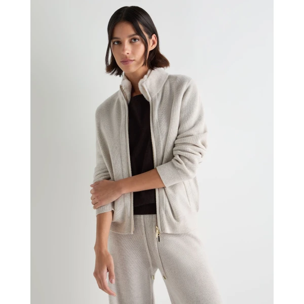 N.Peal Honeycomb Full Zip Cashmere Jumper With Fur Trim in Pebble Grey