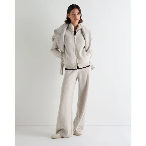 N.Peal Honeycomb Full Zip Cashmere Jumper With Fur Trim in Pebble Grey