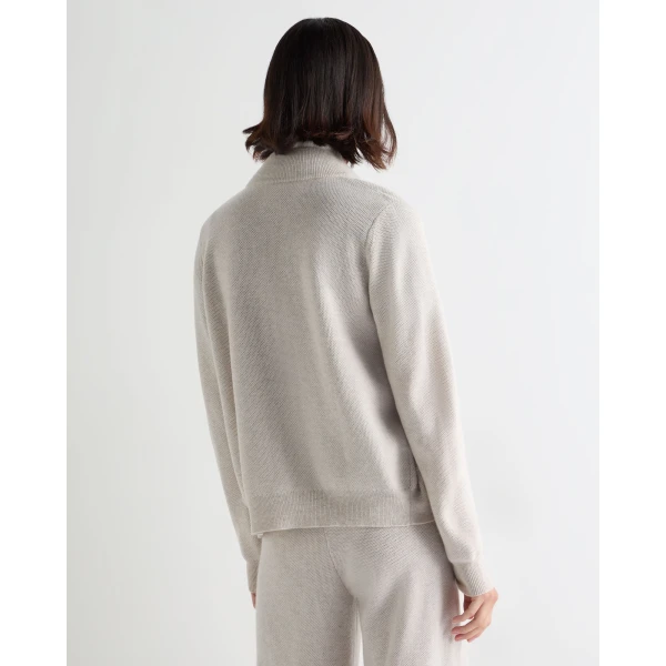N.Peal Honeycomb Full Zip Cashmere Jumper With Fur Trim in Pebble Grey