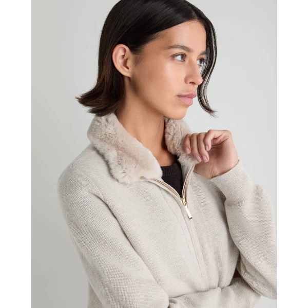 N.Peal Honeycomb Full Zip Cashmere Jumper With Fur Trim in Pebble Grey