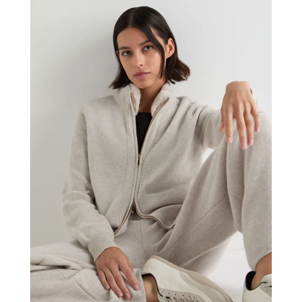 N.Peal Honeycomb Full Zip Cashmere Jumper With Fur Trim in Pebble Grey