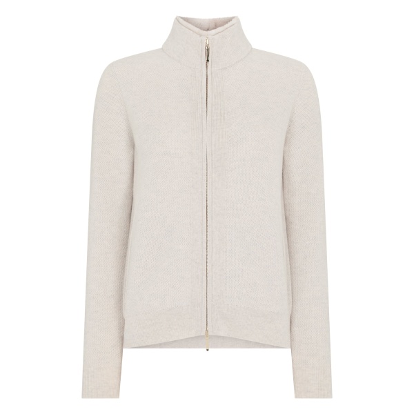 N.Peal Honeycomb Full Zip Cashmere Jumper With Fur Trim in Pebble Grey | Sweaters | Luxury Shoes 