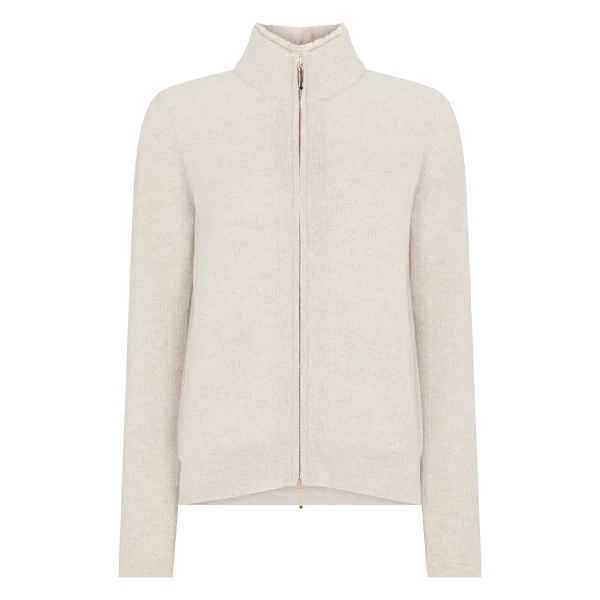 Honeycomb Full Zip Cashmere Jumper With Fur Trim in Pebble Grey