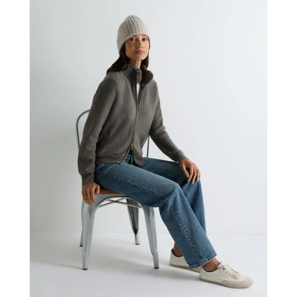 N.Peal Honeycomb Full Zip Cashmere Jumper With Fur Trim in Wood Smoke Brown