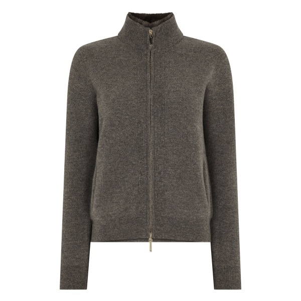 N.Peal Honeycomb Full Zip Cashmere Jumper With Fur Trim in Wood Smoke Brown | Sweaters | Luxury Shoes 