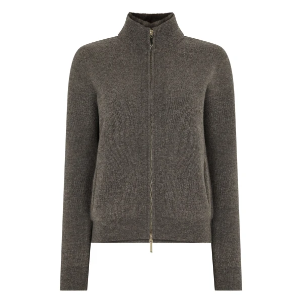 Honeycomb Full Zip Cashmere Jumper With Fur Trim in Wood Smoke Brown