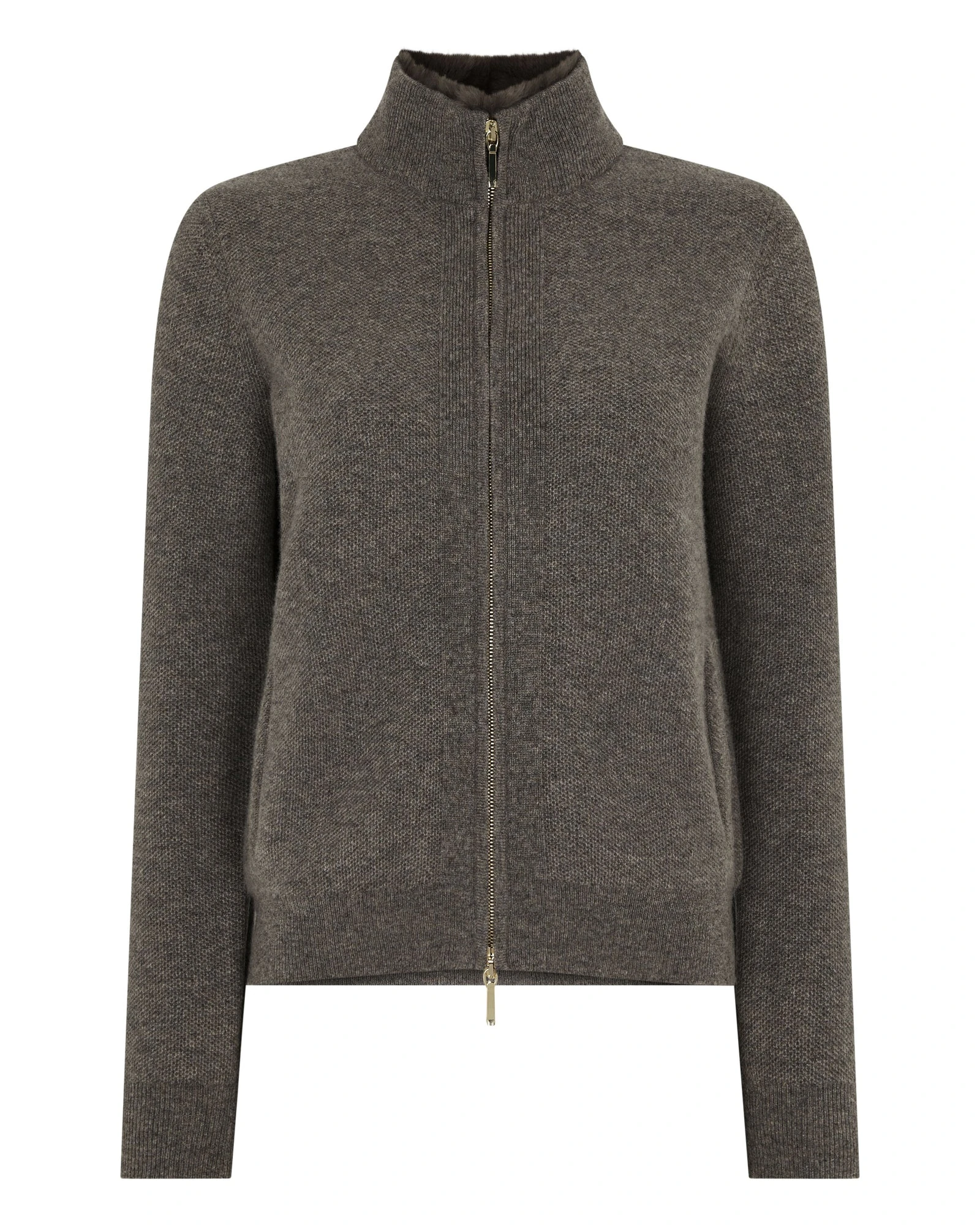 N.Peal Honeycomb Full Zip Cashmere Jumper With Fur Trim in Wood Smoke Brown N.Peal Honeycomb Full Zip Cashmere Jumper With Fur Trim in Wood Smoke Brown | Sweaters | Luxury Shoes