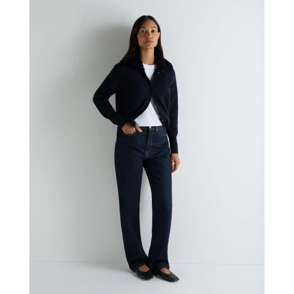 N.Peal Honeycomb Fur Trim Cashmere Cardigan in Navy Blue