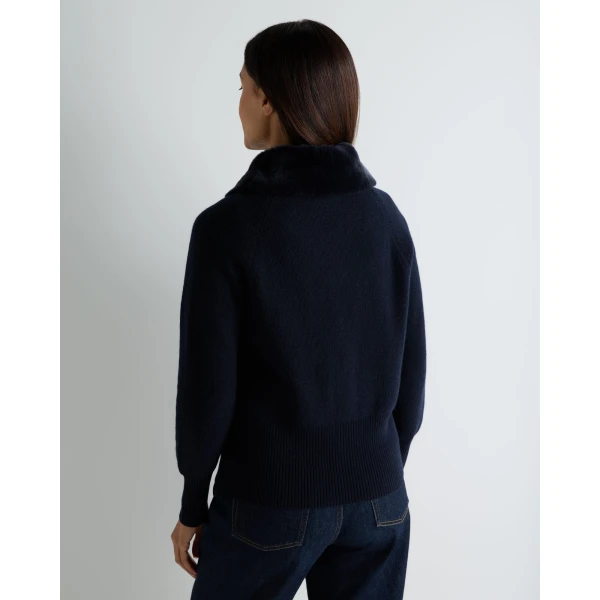 N.Peal Honeycomb Fur Trim Cashmere Cardigan in Navy Blue