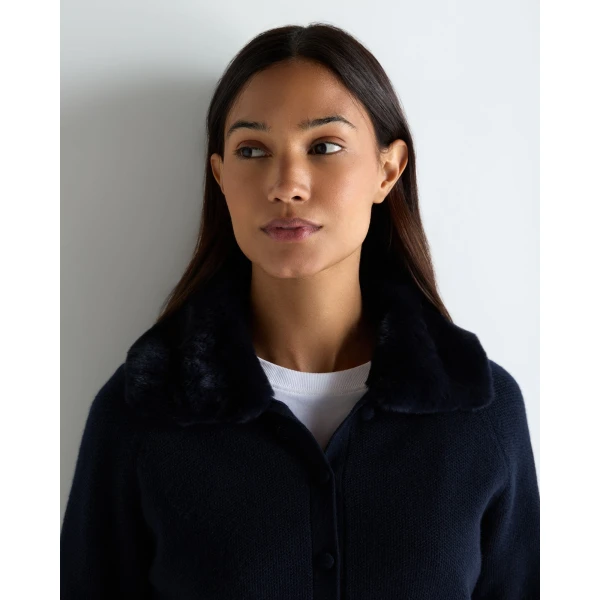 N.Peal Honeycomb Fur Trim Cashmere Cardigan in Navy Blue