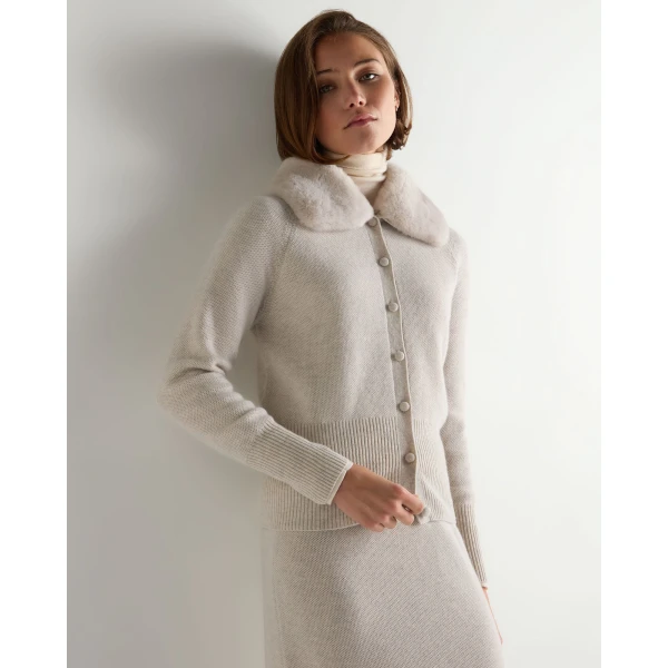 N.Peal Honeycomb Fur Trim Cashmere Cardigan in Pebble Grey