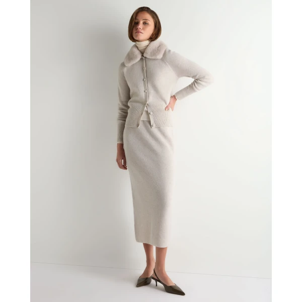 N.Peal Honeycomb Fur Trim Cashmere Cardigan in Pebble Grey