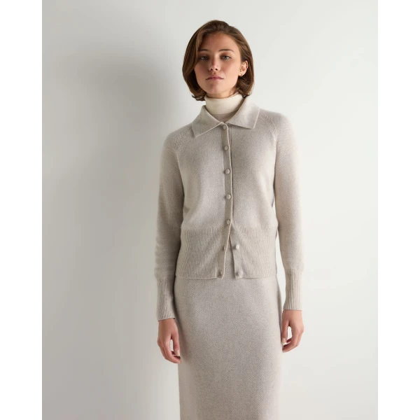 N.Peal Honeycomb Fur Trim Cashmere Cardigan in Pebble Grey