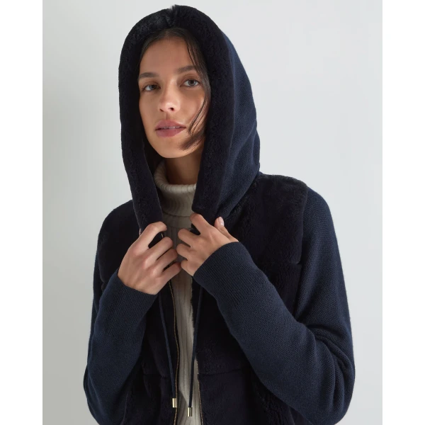 N.Peal Honeycomb Fur Trim Cashmere Hoodie in Navy Blue