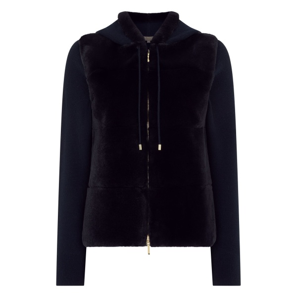 N.Peal Honeycomb Fur Trim Cashmere Hoodie in Navy Blue | Hoodies | Luxury Shoes 