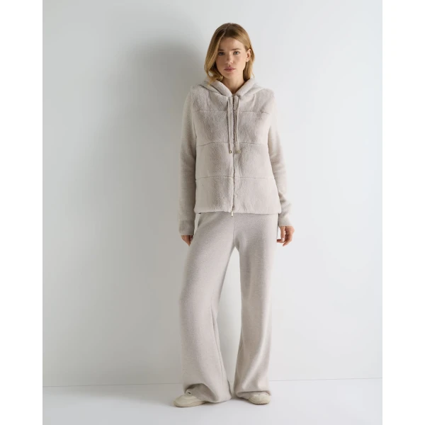 N.Peal Honeycomb Fur Trim Cashmere Hoodie in Pebble Grey