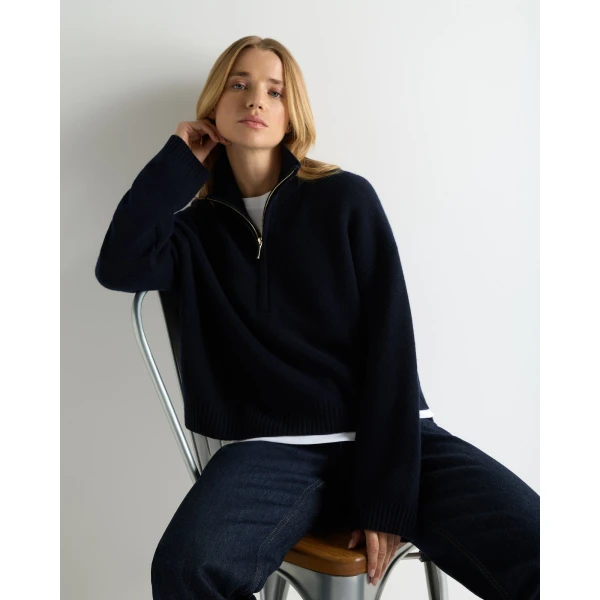 N.Peal Honeycomb Quarter-Zip Cashmere Jumper in Navy Blue