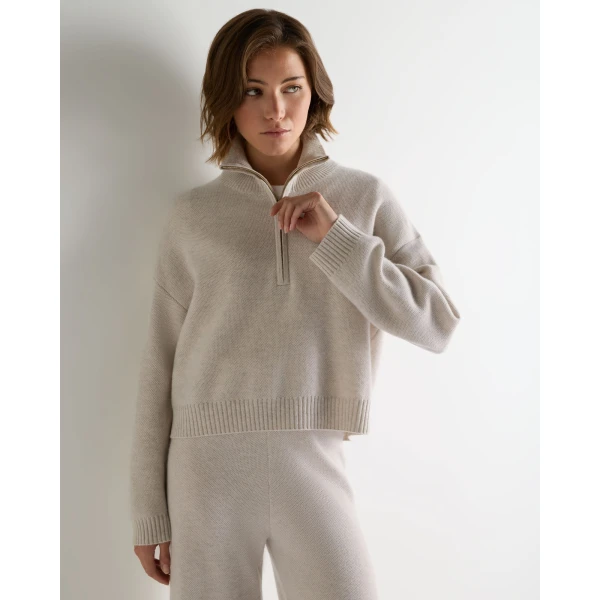 N.Peal Honeycomb Quarter-Zip Cashmere Jumper in Pebble Grey