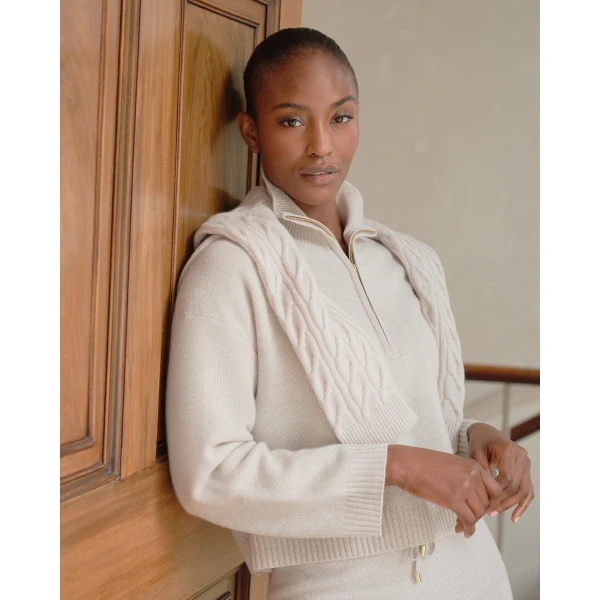 N.Peal Honeycomb Quarter-Zip Cashmere Jumper in Pebble Grey